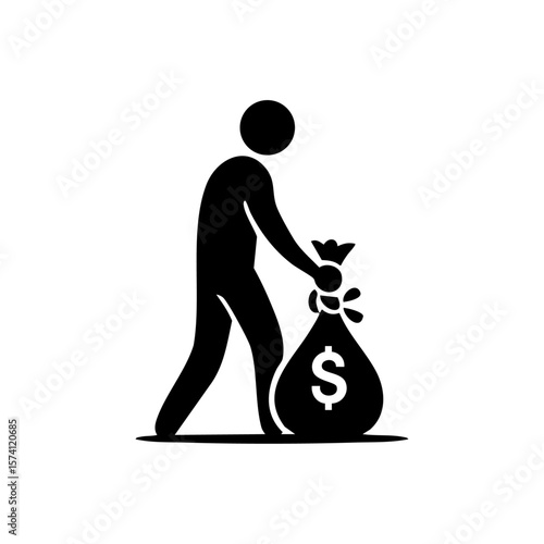 Minimalist icon of a figure dragging a heavy bag of money, symbolizing financial burden or economic pressure.
