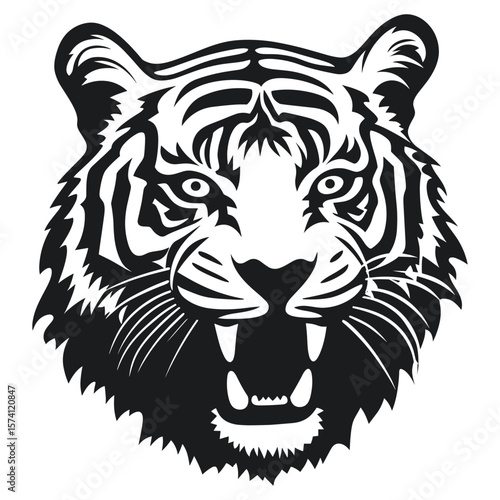 Tiger roaring face linear illustration animal black vector