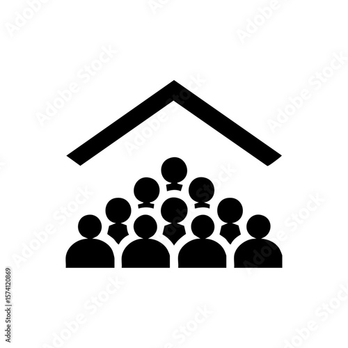 Minimal vector of crowd inside a shelter roof, symbolizing humanitarian aid, emergency protection, or refugee housing.