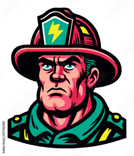 Vintage Cartoon Firefighter Character with Bold Colors and Strong Expression