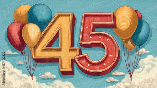 Retro birthday design illustration 45 with colorful balloons. AI generation.