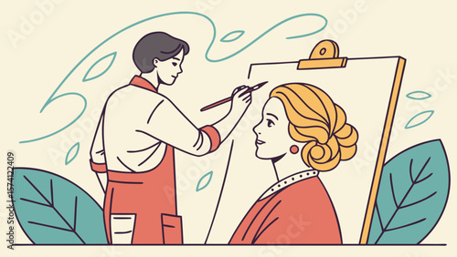 A female artist skillfully paints a portrait of a woman with elegant features in a serene and colorful setting.