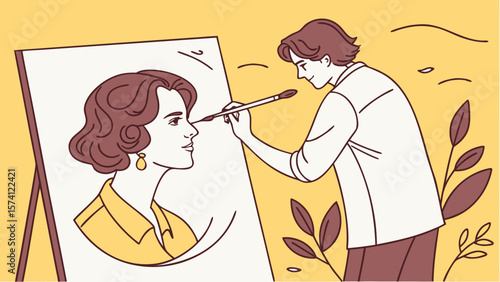 A female artist with wavy hair poses for a male painter in front of a yellow background, highlighting creativity and artistic expression.