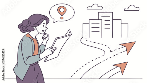 A young woman with wavy brown hair studies a map, contemplating her route to a modern city skyline.