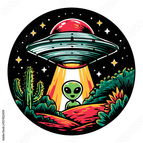Colorful Cartoon Alien Scene with UFO and Desert Cacti Illustration