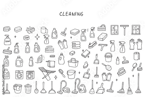 Painter tools icon set, home renovation equipment, rollers, brushes, masking tape. Finishing works, painter tools in doodle style