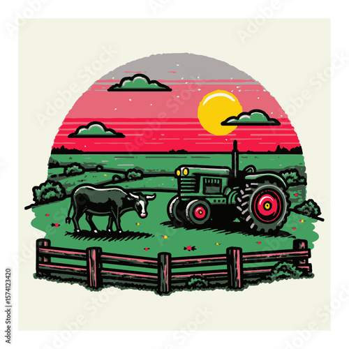 Cartoon Tractor and Cow in a Scenic Farm Landscape with Sunny Sky