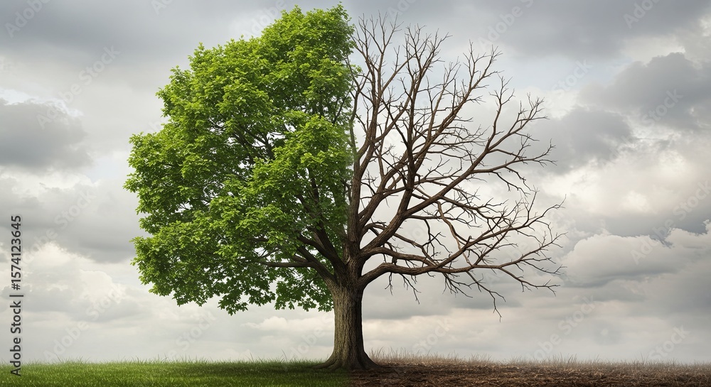 Fototapeta premium Tree with half dead and half green leaves