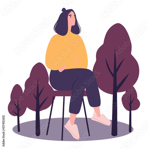 Young Woman Sitting on Chair Surrounded by Simplified Trees in Vector Art