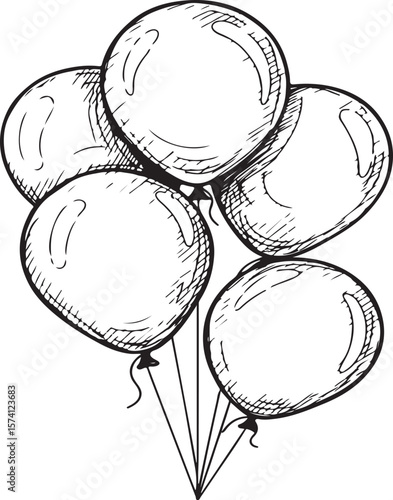 Romantic couple balloon sketch illustration, hand-drawn love balloons, black and white balloon art, cute floating balloons for Valentine's Day, celebration, kids design, wedding and party themes