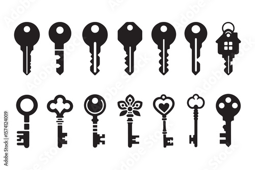 Vintage key antique keys set collection pack black icon silhouette vector flat illustration design on white background