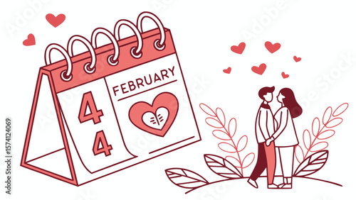 A romantic illustration of a couple holding hands beside a calendar marking February 4th, signifying love and togetherness.