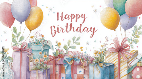 birthday illustration with beautifully wrapped presents, flowers, and balloons. AI generation.