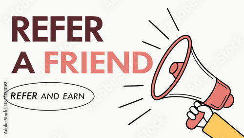 An illustration featuring a hand holding a megaphone with a call to action to refer a friend, embracing a vibrant and energetic design.