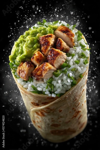 Sizzling chicken burrito gourmet kitchen food photography dark background close-up culinary art