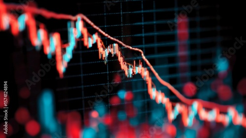 Close-up of financial chart with downward trending line symbolizing Federal Reserve rate cuts, economic recession concept, stock market volatility and investment risk analysis.