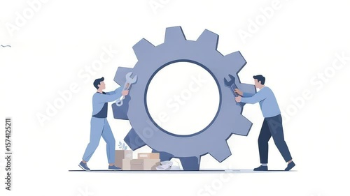 Business Team Collaboration and System Optimization Concept with Workers and Gear Illustration
