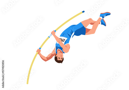 Athlete in Blue MidVault with Yellow Pole Performing Pole Vaulting.