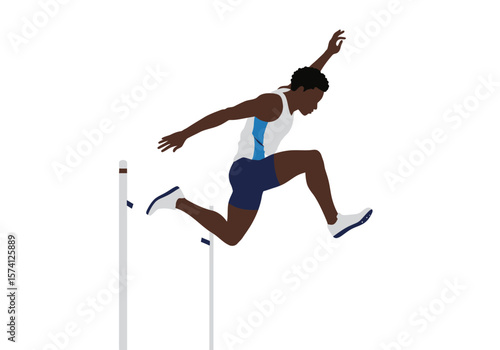 Athlete in MidAir Hurdling Vector Illustration Dark Skin White and Blue Outfit.