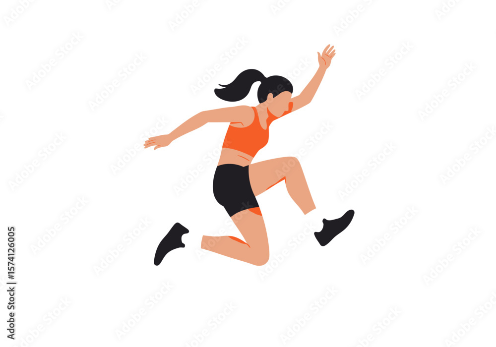Athletic Woman in MidAir Jump Wearing Orange Top and Black Shorts. Athletic Woman in MidAir Jump Wearing Orange Top and Black Shorts.