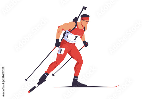 Biathlete in Red Suit Skiing with Rifle on Back Number One.