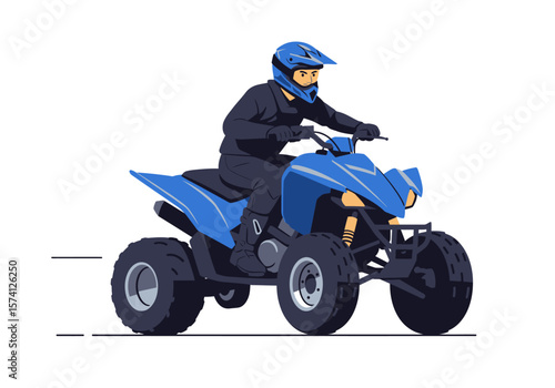 Blue ATV Rider with Helmet and Dark Clothing Vector Illustration.