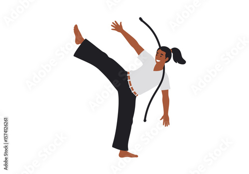 Capoeira Practitioner Performing a Kick with Berimbau Instrument Black Pants and White Shirt.