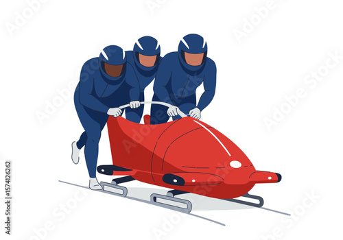 Bobsleigh Team Pushing Red Sled in Blue Suits and Helmets Winter Sport Illustration.