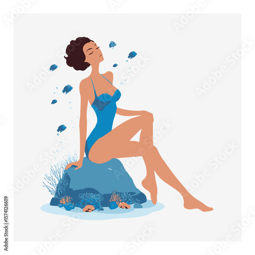Elegant Cartoon Woman Relaxing with Fish and Coral in Ocean Scene
