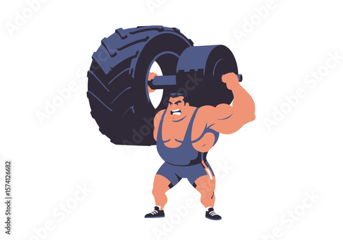 Cartoon Strongman Lifting a Heavy Tire with Intense Expression and Muscular Build.
