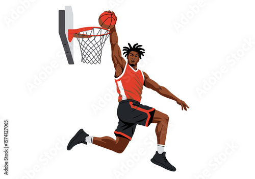 Dynamic Basketball Player Slam Dunking with Red Jersey and Black Shorts Illustration.