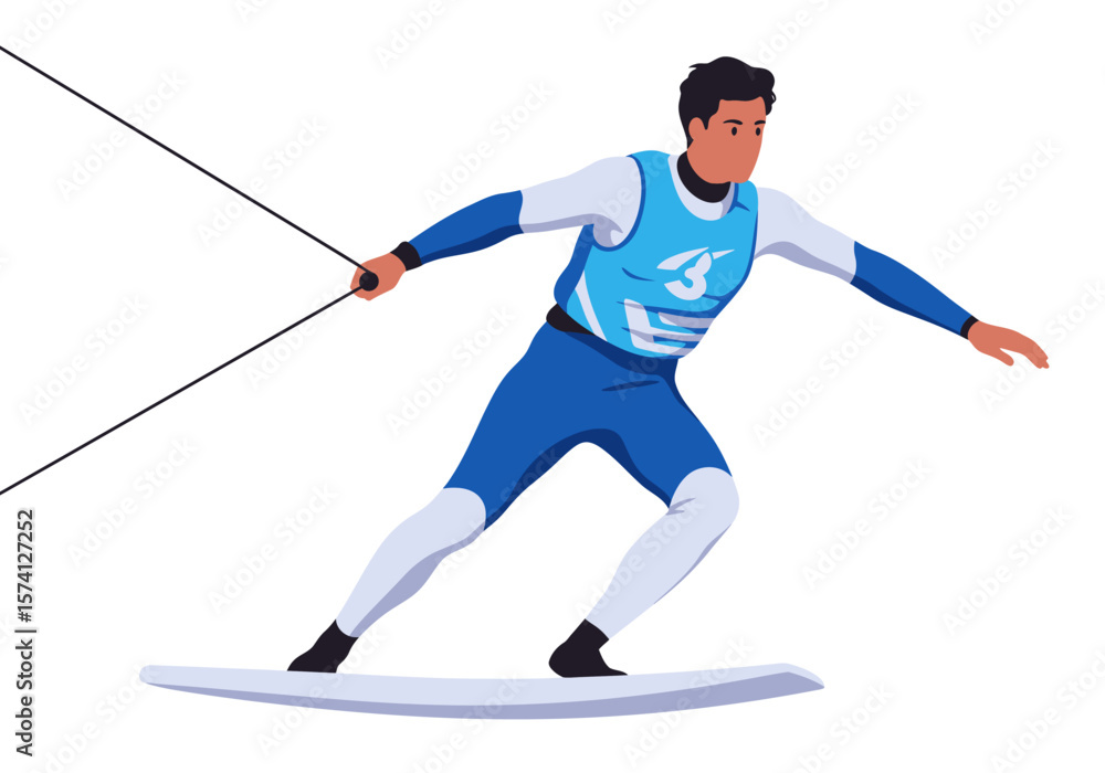 Obraz premium Dynamic Water Skier in Blue and White Leotard with Tow Rope.