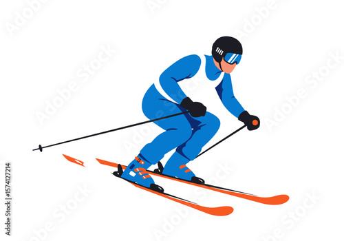 Dynamic Skier in Blue Suit with Orange Skis and Black Helmet.
