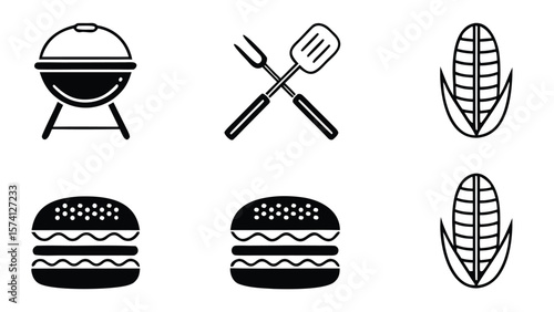 Collection of barbecue icons including grill utensils corn on the cob and hamburgers