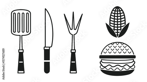 Barbecue grill utensils knife fork spatula corn and burger icons