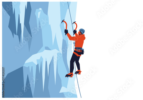 Ice Climber Ascending Frozen Waterfall with Ice Axes and Safety Gear.