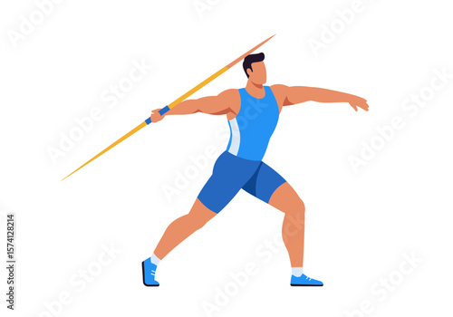 Javelin Thrower in Blue Uniform Ready to Throw Athletic Pose Vector Illustration.