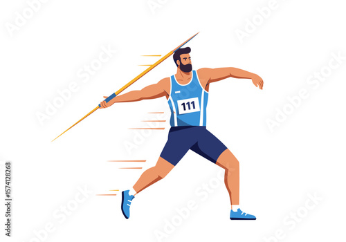 Javelin Thrower in Action Blue Uniform Bearded Athlete Dynamic Pose Sports Illustration.
