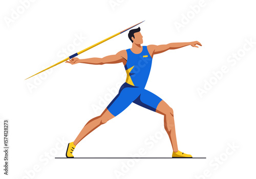 Javelin Thrower in Blue Uniform Ready to Throw Vector Illustration.