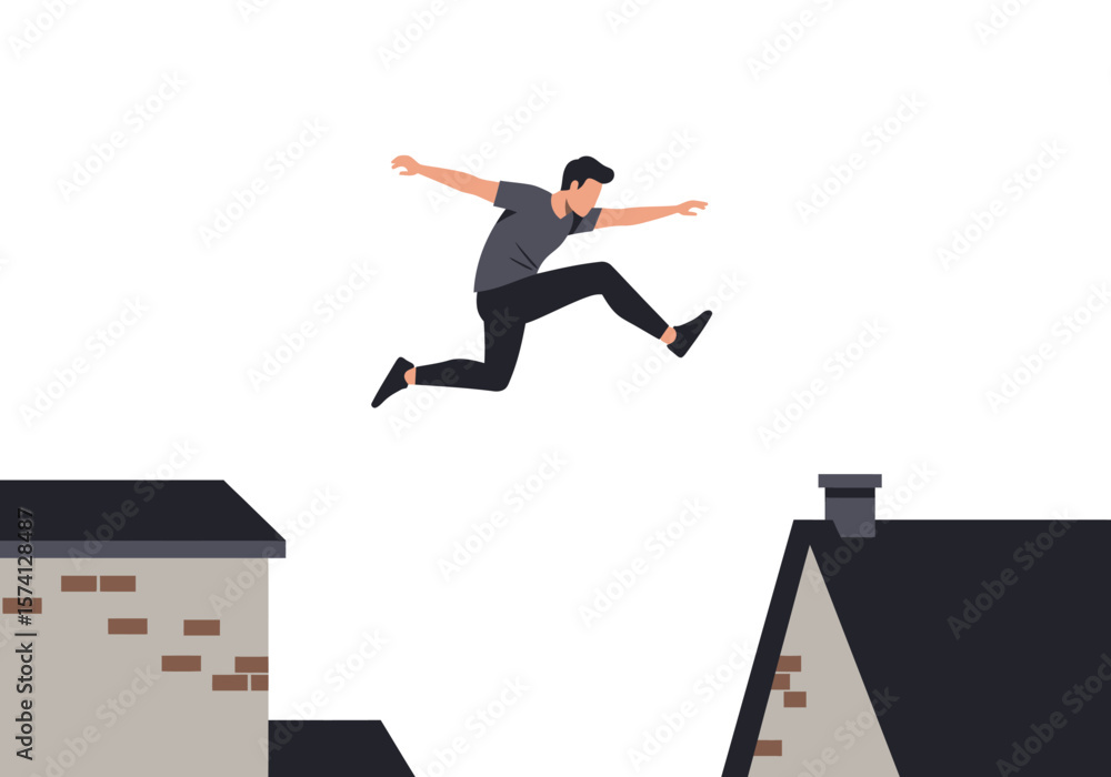 Fototapeta premium Man in MidAir Dynamic Leap with Arms Extended Black Hair Gray Shirt Black Pants.