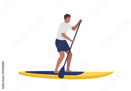 Man Paddleboarding on Yellow Board with Blue Paddle in Flat Vector Style.