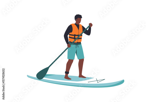 Man Paddleboarding with Orange Life Vest and Paddle in Hand.