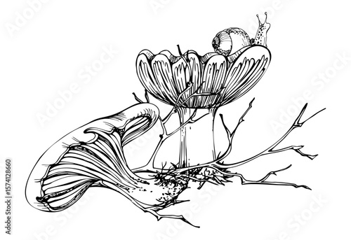 Russula webcap mushroom, snail on top, naked twisting twigs branches. Forest woodland floor habitat scene. Illustration hand drawn in vector ink. Foraging logbooks, gardening notebooks, nature posters