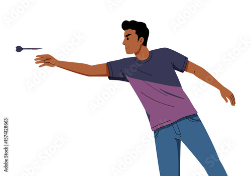 Man throwing a dart wearing a twotone tshirt and blue jeans.