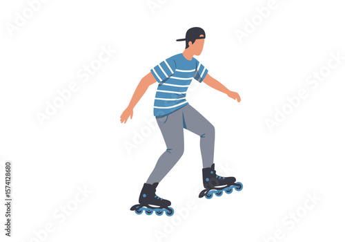 Man with a cap rollerblading wearing a striped shirt and gray pants.