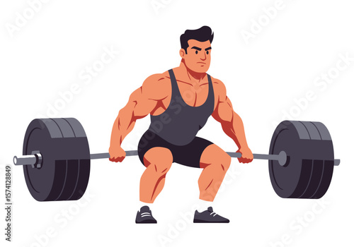Muscular Cartoon Man Lifting Heavy Barbell in Squat Position.