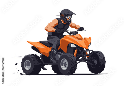 Muscular Man Riding Orange ATV with Helmet and Goggles Vector Illustration.