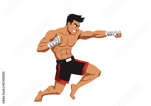 Muscular Muay Thai Fighter in Striking Pose with Hand Wraps and Black Shorts.