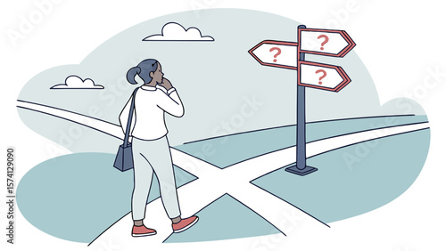 A thoughtful Black woman stands at a crossroads, contemplating her choices under a sunny sky.