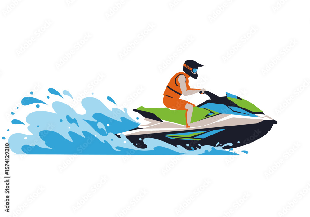 Person Riding a Jet Ski with Helmet and Life Vest on Water. Person Riding a Jet Ski with Helmet and Life Vest on Water.